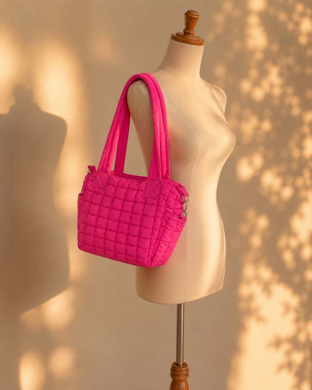 EcoStitch USA Hot Pink Quilted Puffer Tote Bag Crossbody Travel Lightweight - Picture 2 of 14